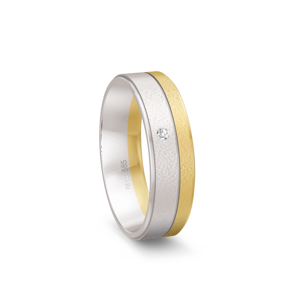 Weißgold Trauring mit Gelbgold Rand sandmattiert mit Diamanten