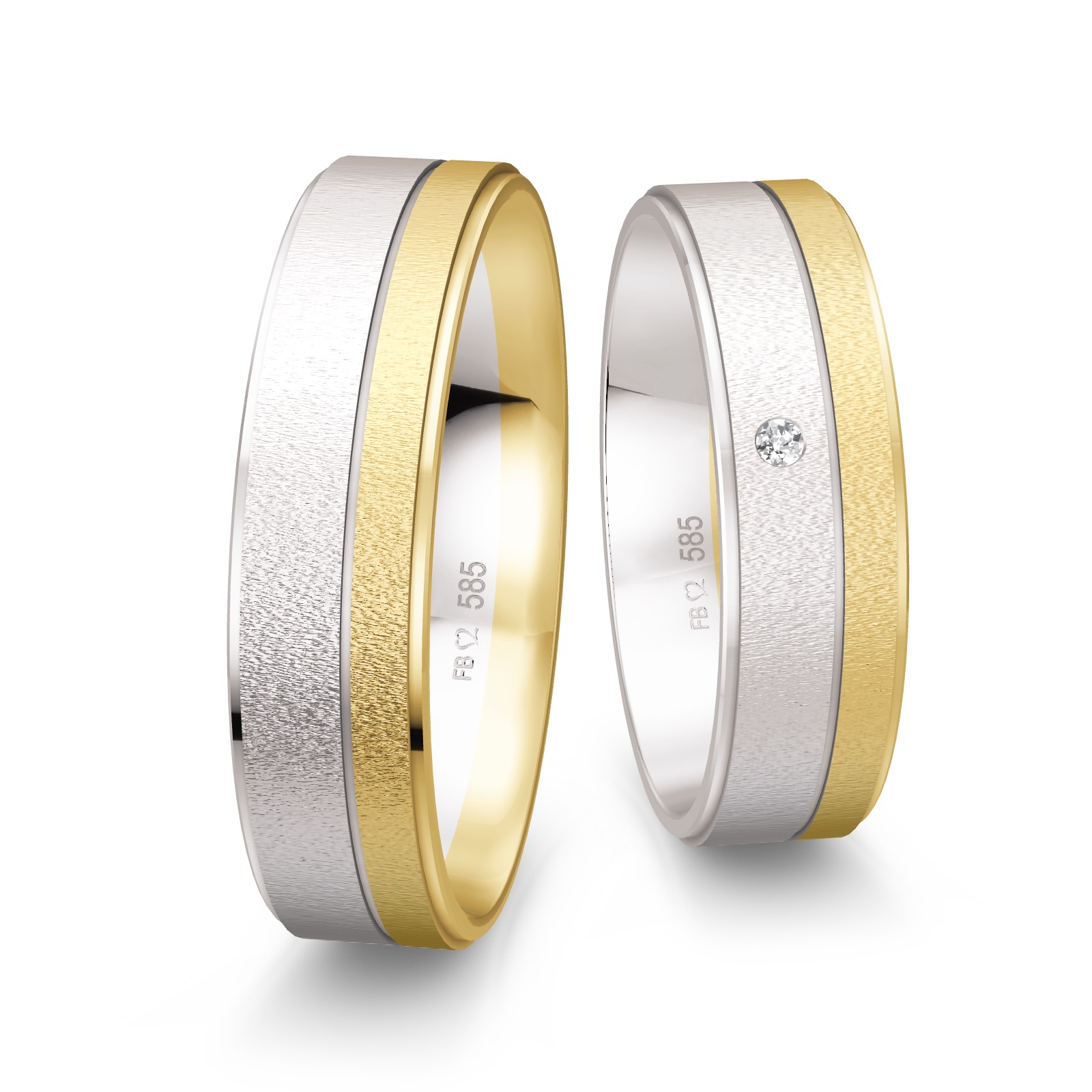 Weißgold Trauringe mit Gelbgold Rand sandmattiert mit Diamanten