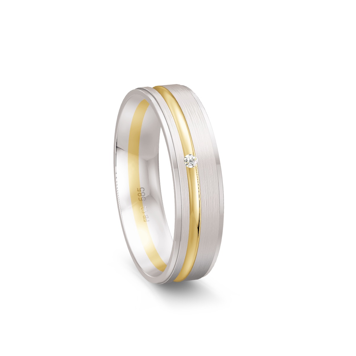 Mattierter Weißgold Trauring mit Rille aus Gelbgold und Diamanten