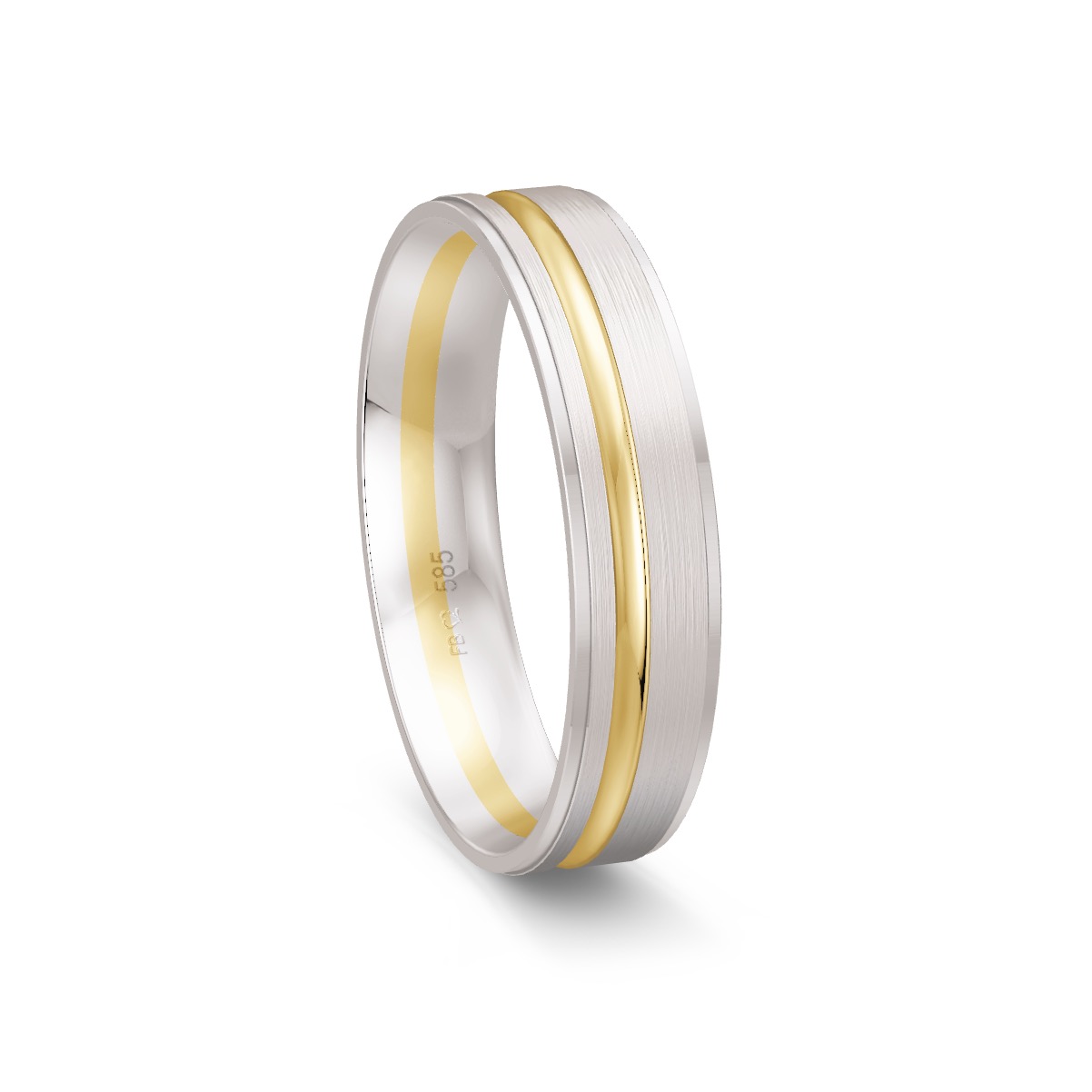Mattierter Weißgold Trauring mit Rille aus Gelbgold