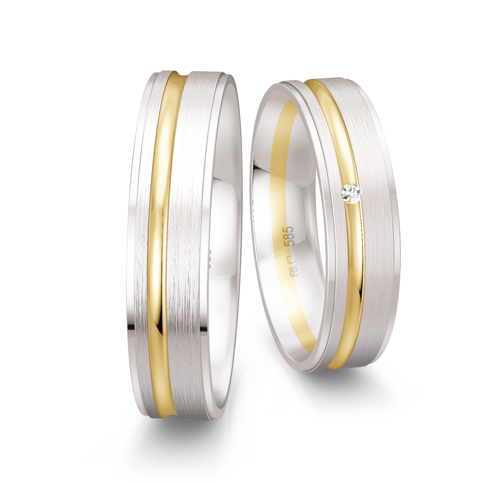 Mattierte Weißgold Trauringe mit Rille aus Gelbgold und Diamanten
