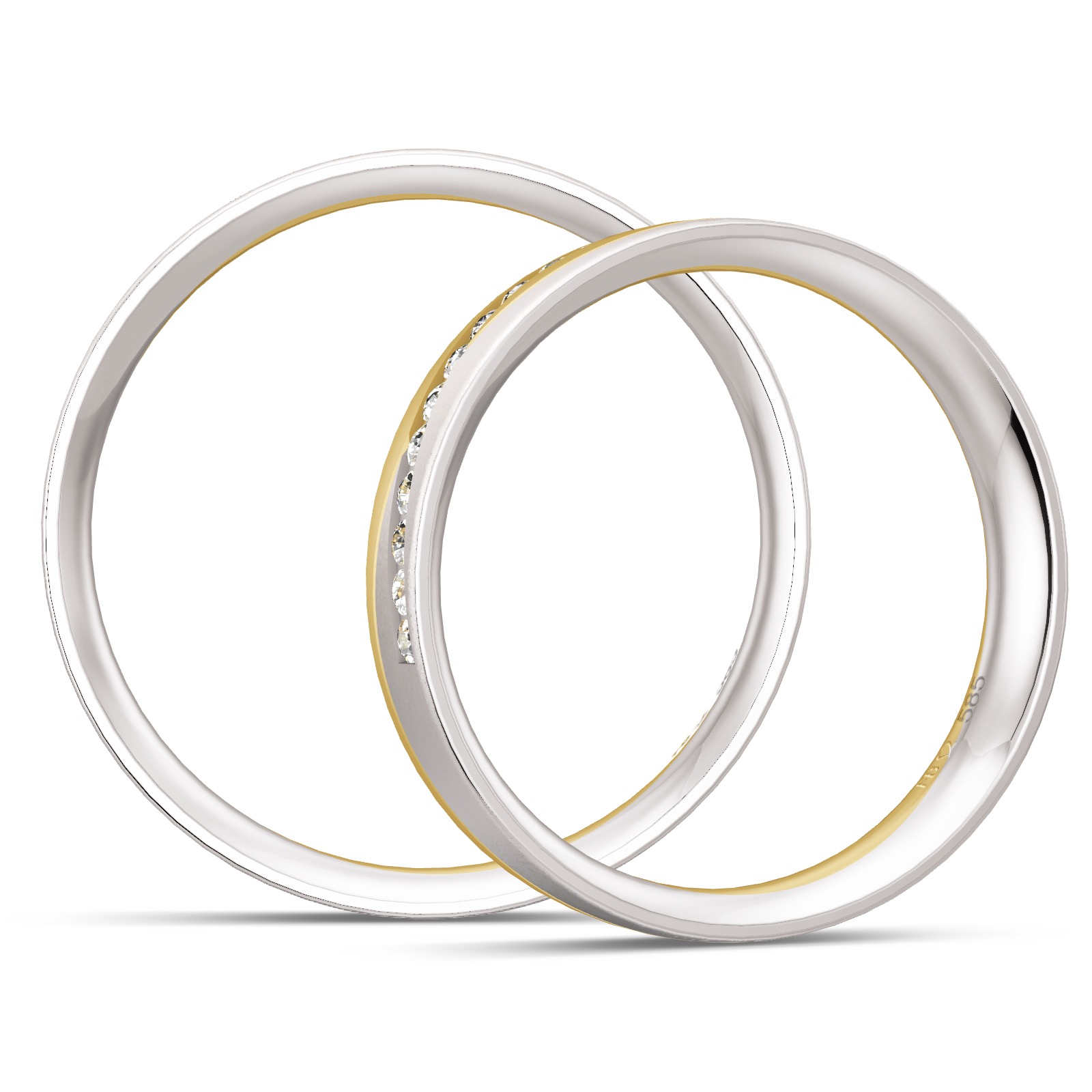 Eheringe aus Weißgold/Gelbgold mit Diamantenreihe Polierung und Sandmattierung in Seitenansicht