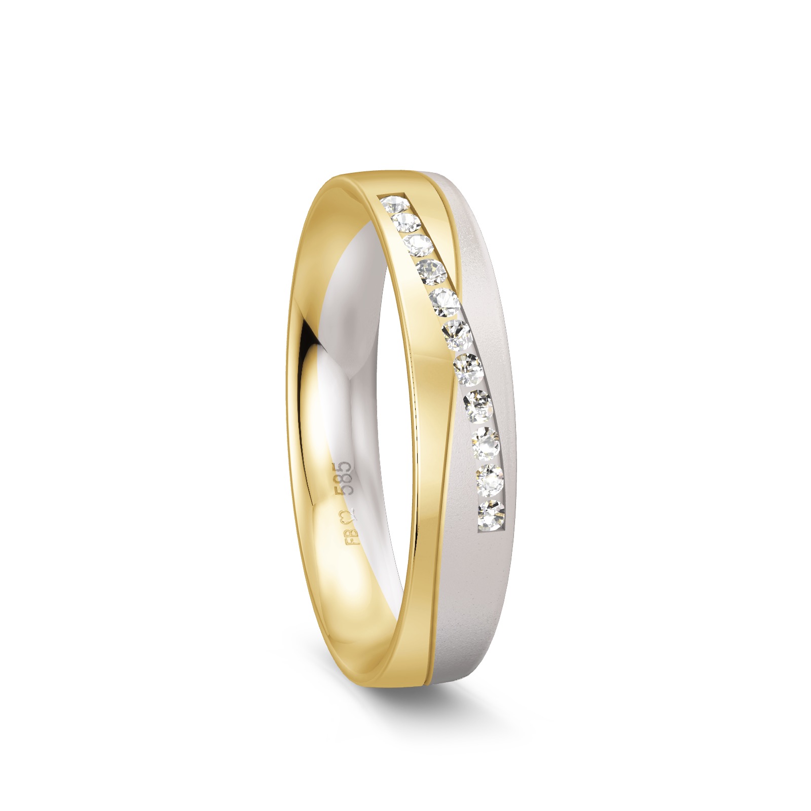 Ehering aus Weißgold/Gelbgold mit Diamantenreihe Polierung und Sandmattierung