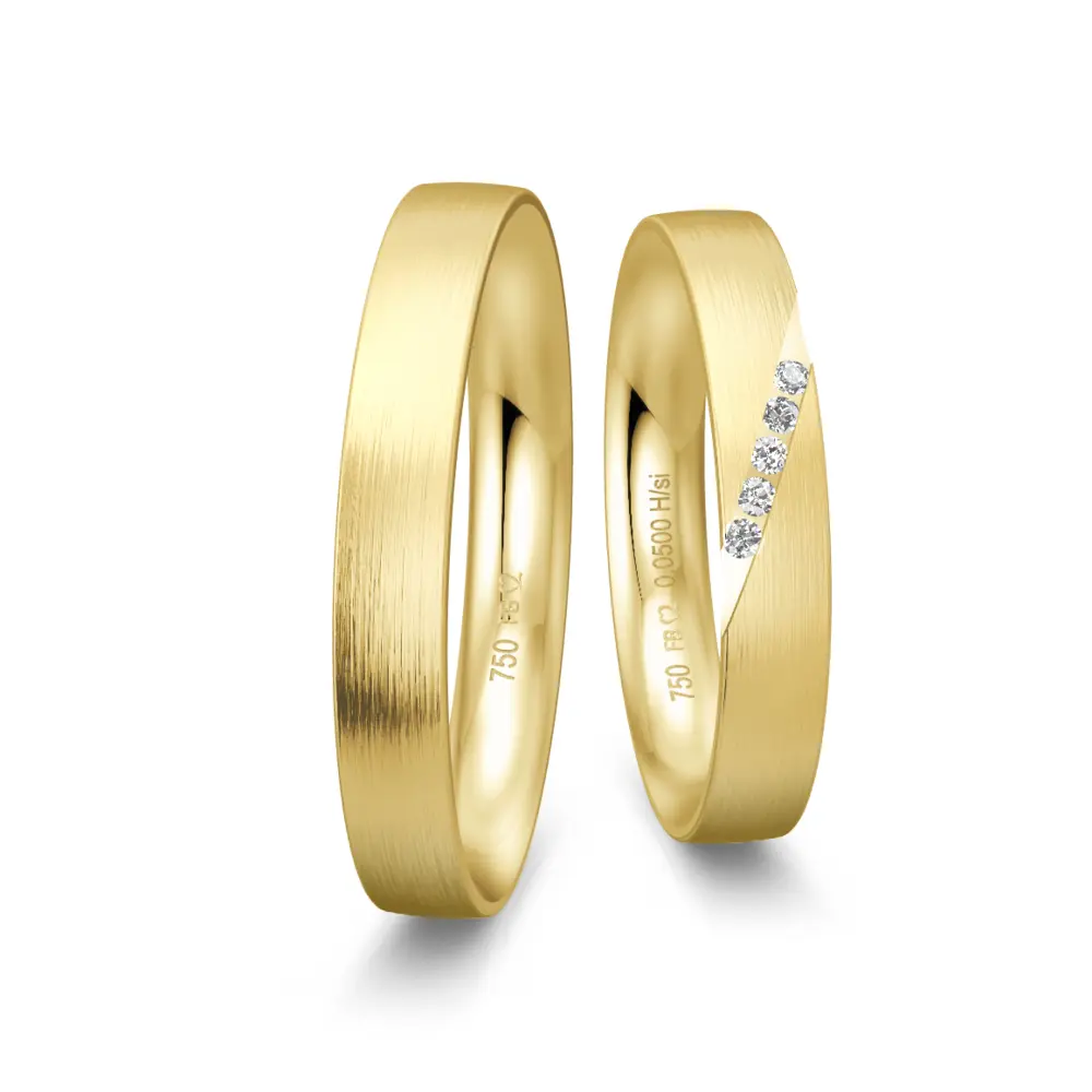 Matte schmale Gelbgold Eheringe mit 5 Diamanten in Reihe