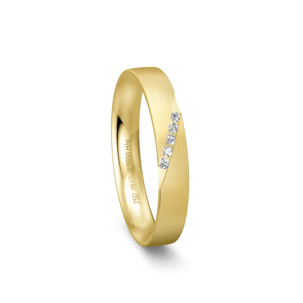 Matter schmaler Gelbgold Ehering mit 5 Diamanten in Reihe