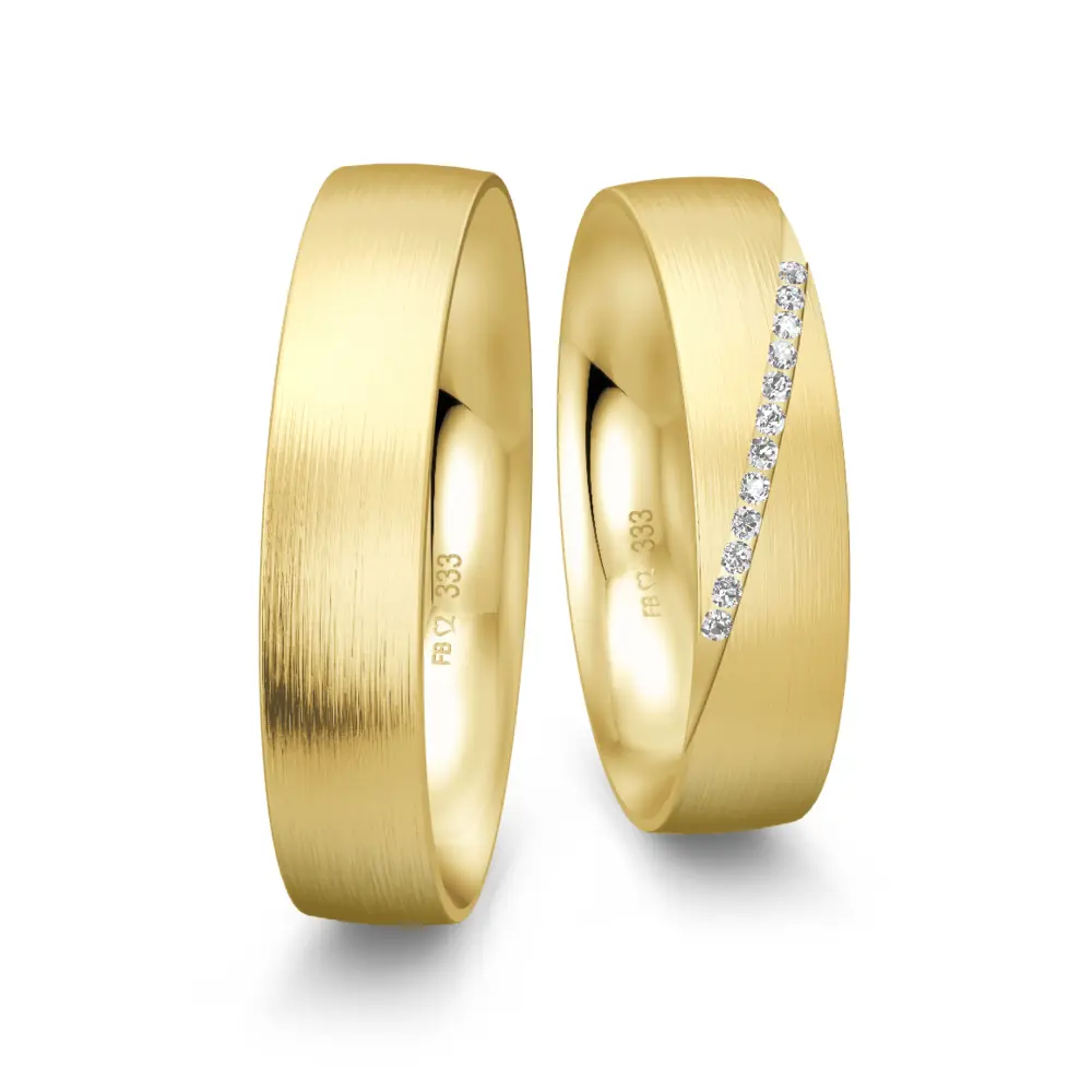 Lägsmattierte Gelbgold Eheringe mit Band aus 10 Diamanten