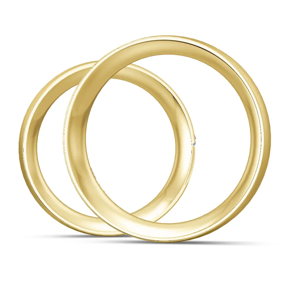 Matte gerundete Gelbgold Eheringe mit 6 großen Diamanten seitlich