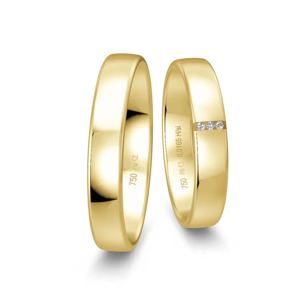 polierte Gelbgold Eheringe mit 3 Diamanten in querer Rille