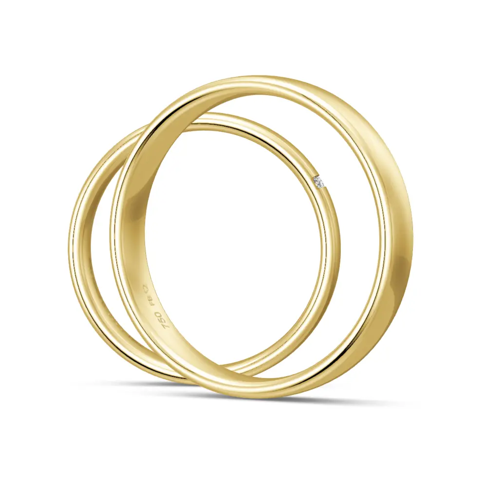 polierte Gelbgold Eheringe mit 3 Diamanten in querer Rille seitlich