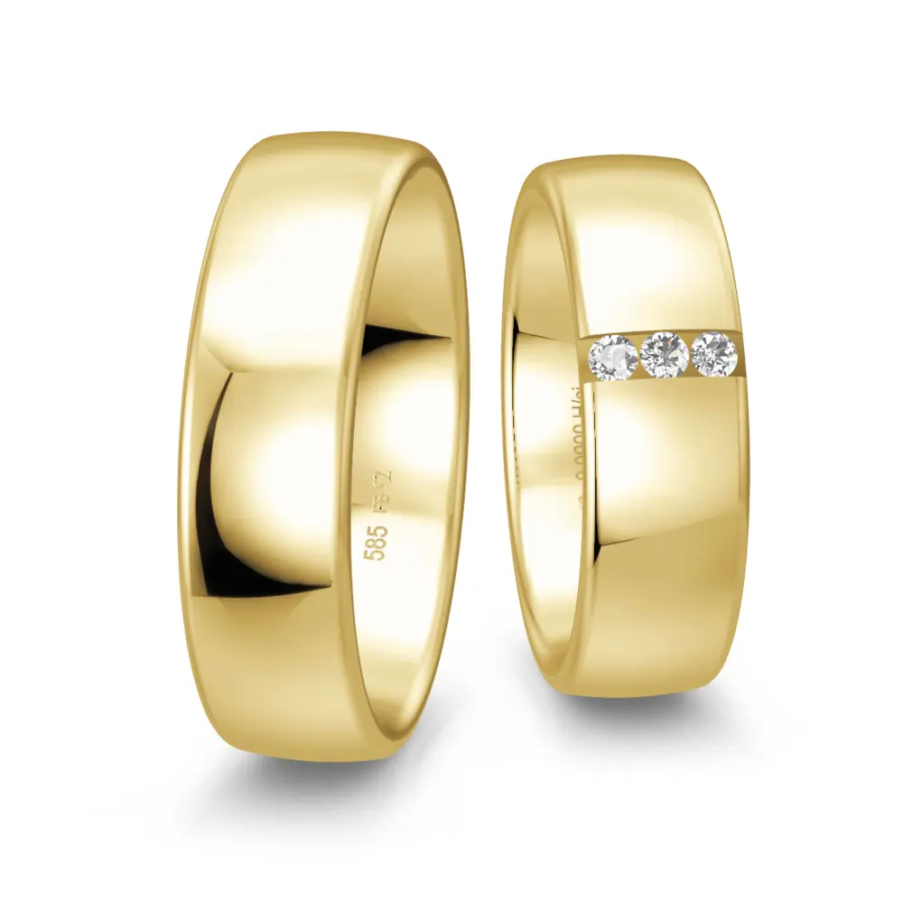 Breite 6,5 mm Gelbgold Eheringe mit Polierung und drei Diamanten