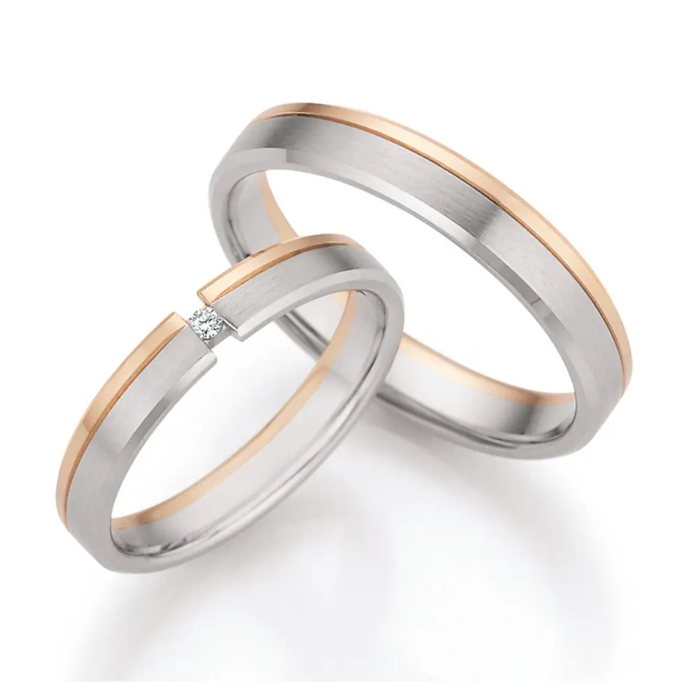 Matte und polierte Palladium 500 und Champagne Gold Eheringe mit Diamanten in Spannfassung