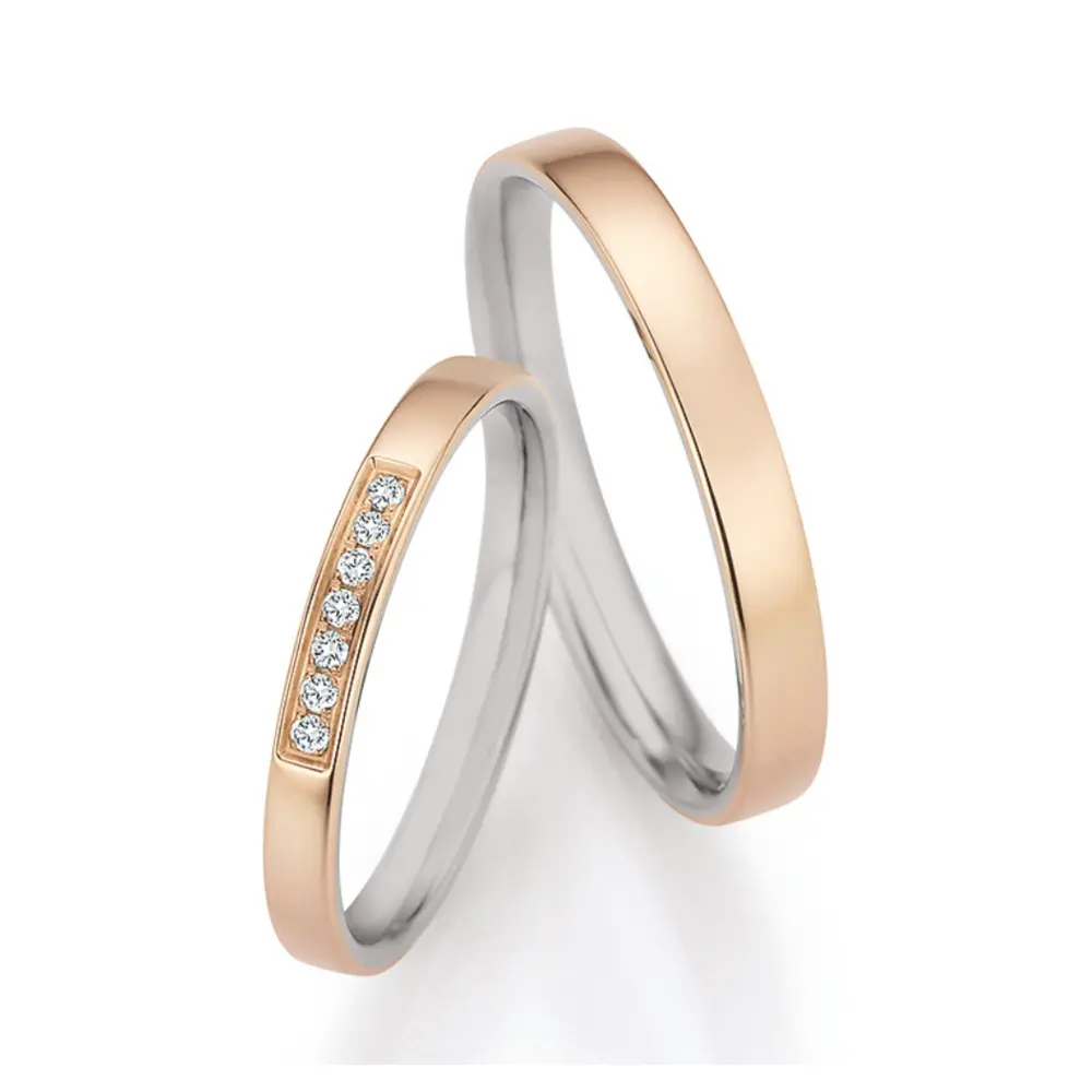 schmale polierte Palladium 500 und Champagne Gold Eheringe mit 7 Diamanten