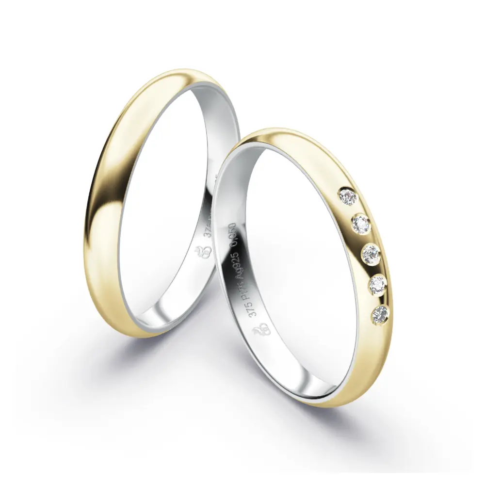 Schmale Plagentum und Gelbgold Eheringe mit polierter Oberfläche und 5 Labor Diamanten