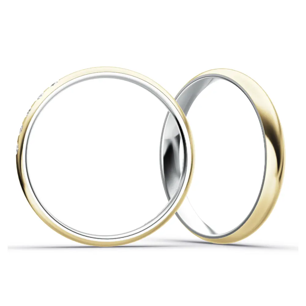 Schmale Plagentum und Gelbgold Eheringe mit polierter Oberfläche und 5 Labor Diamanten seitlich