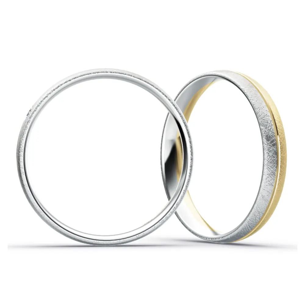 Plagentum und Gelbgold Eheringe mit Eismattierung und Labor Diamanten seitlich