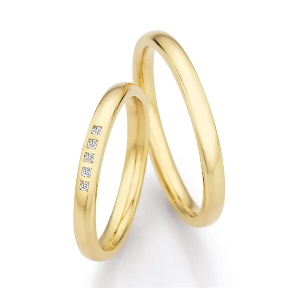 Schmale polierte Gelbold Eheringe mit 5 Diamanten einzeln gefasst