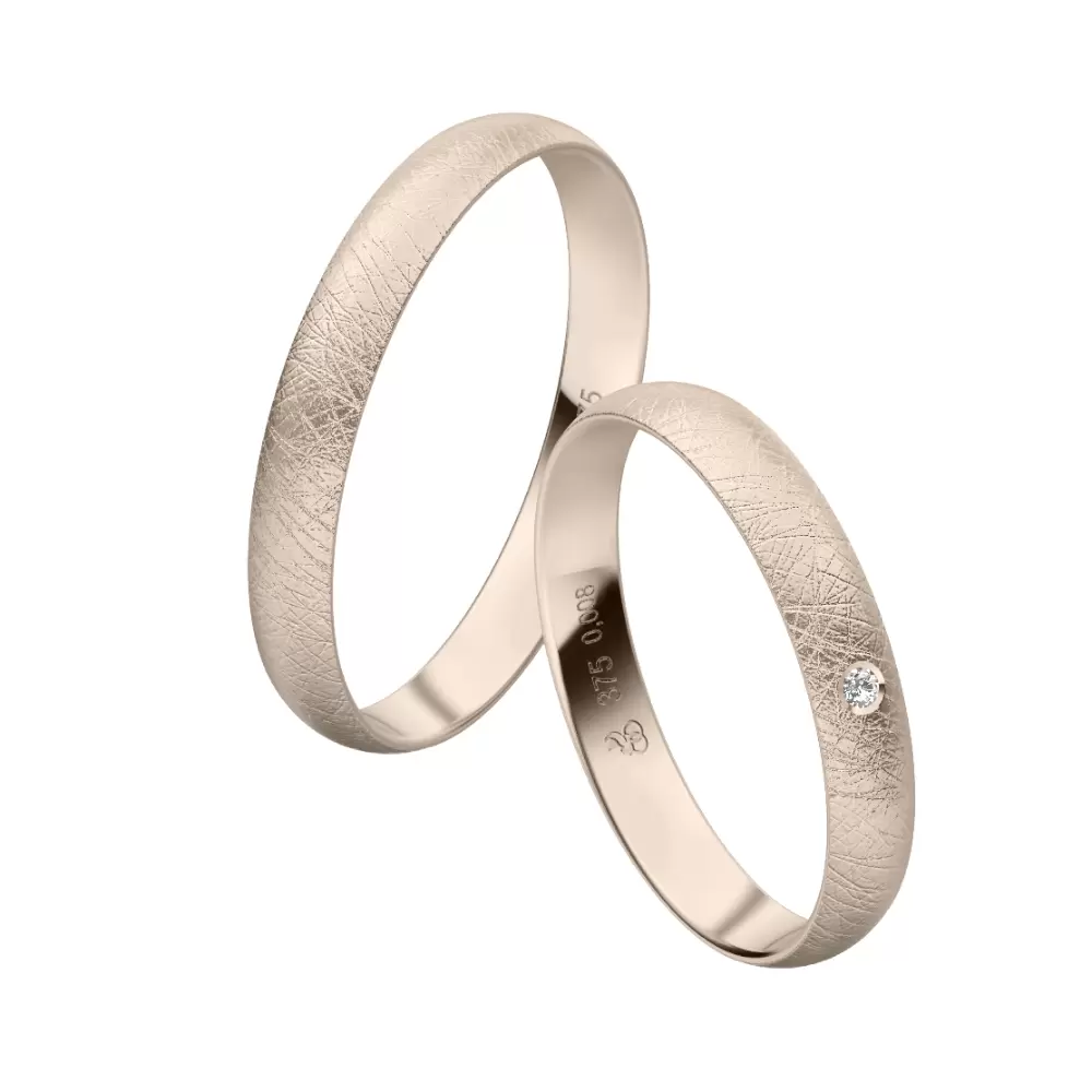 Herbstgold Eheringe mit eismatter Oberfläche und Diamanten nach Wahl