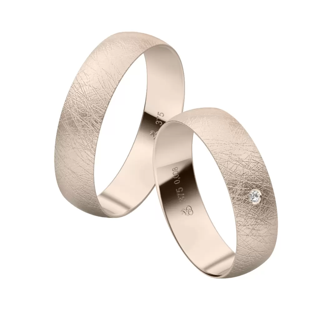 Herbstgold Eheringe mit 0,01 Karat Diamanten und eismatter Oberfläche