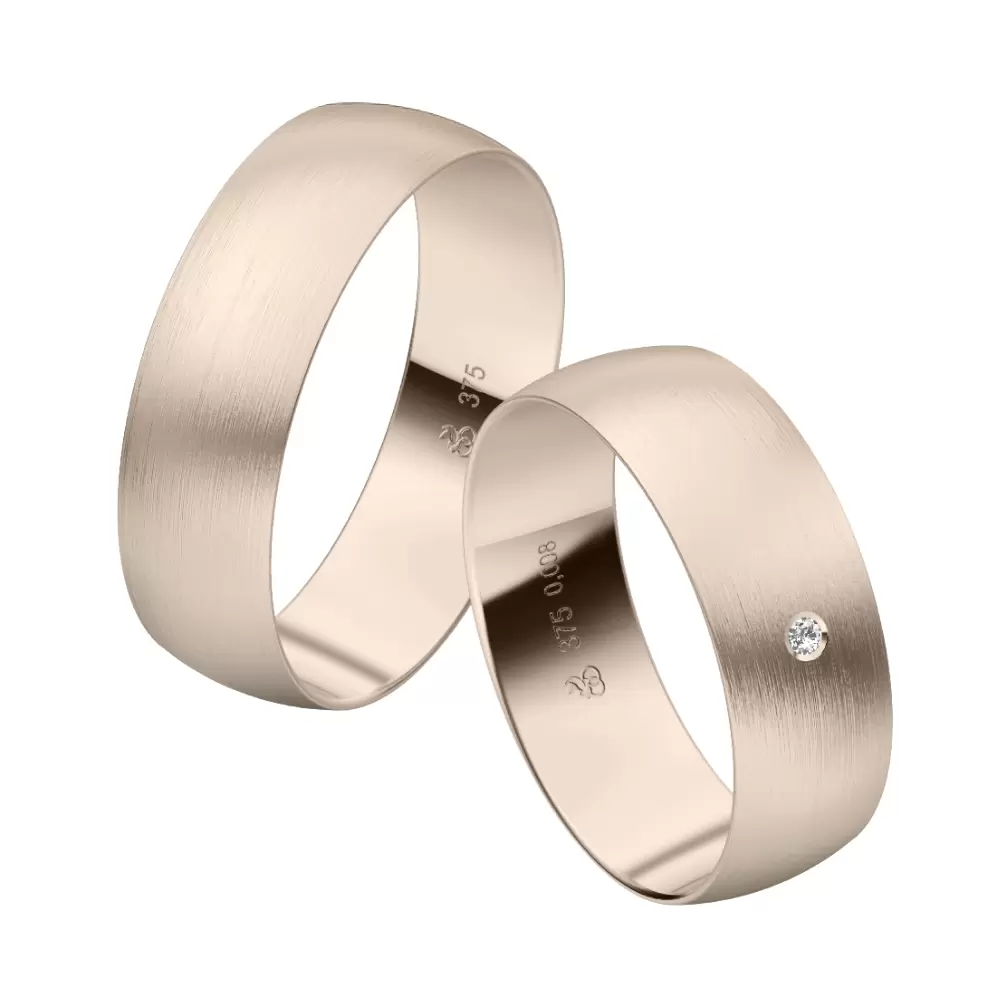 Längsmattierte Eheringe aus Herbstgold mit 0,01 Karat Diamanten