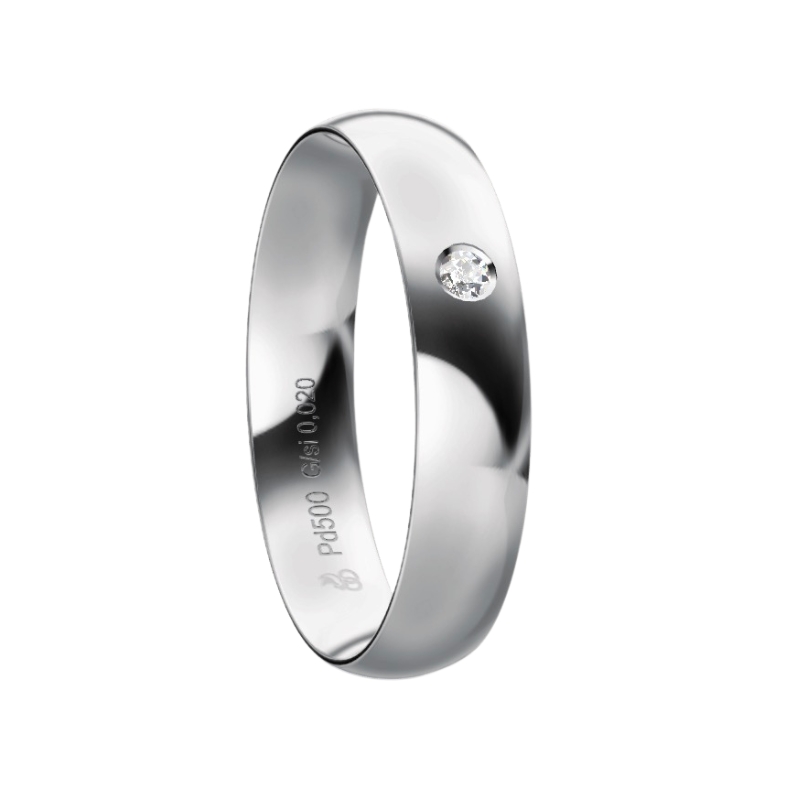 Ehering aus Palladium 500 mit polierter Fläche in 4 mm und Diamanten