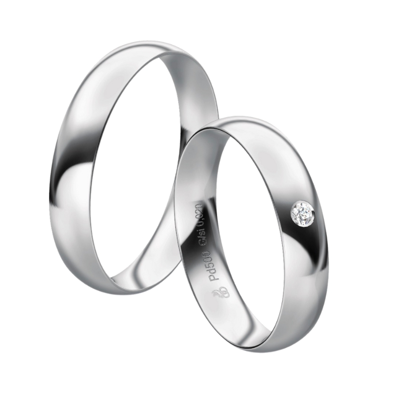 Eheringe aus Palladium 500 mit polierter Fläche in 4 mm und Diamanten