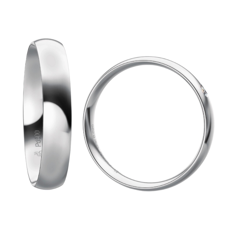Eheringe aus Palladium 500 mit polierter Fläche in 4 mm und Diamanten in Seitenansicht