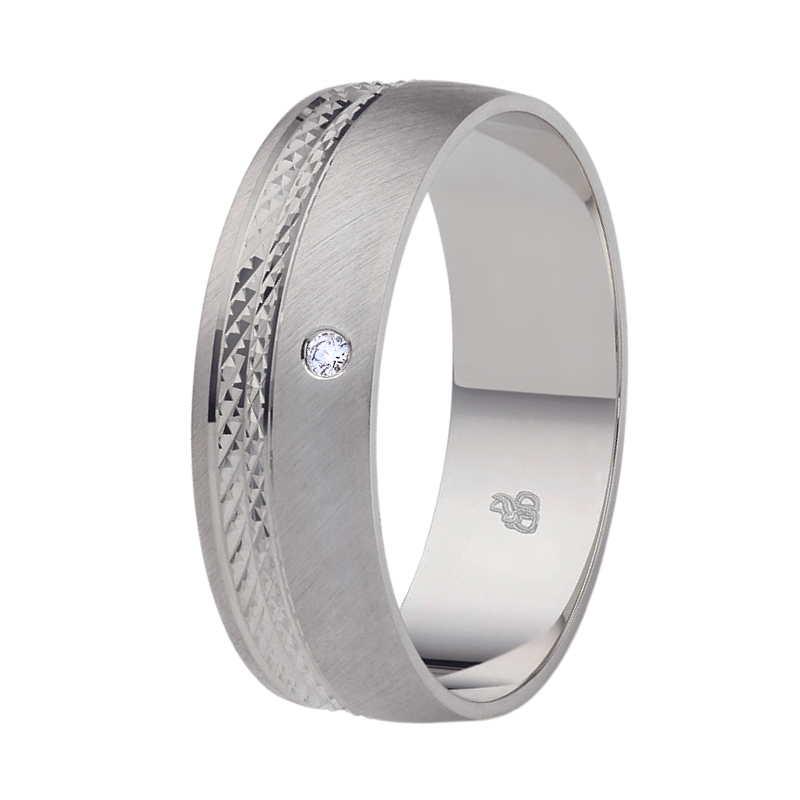 Quermattierte Palladium 500 Ehering mit gemustertem Streifen und Diamanten