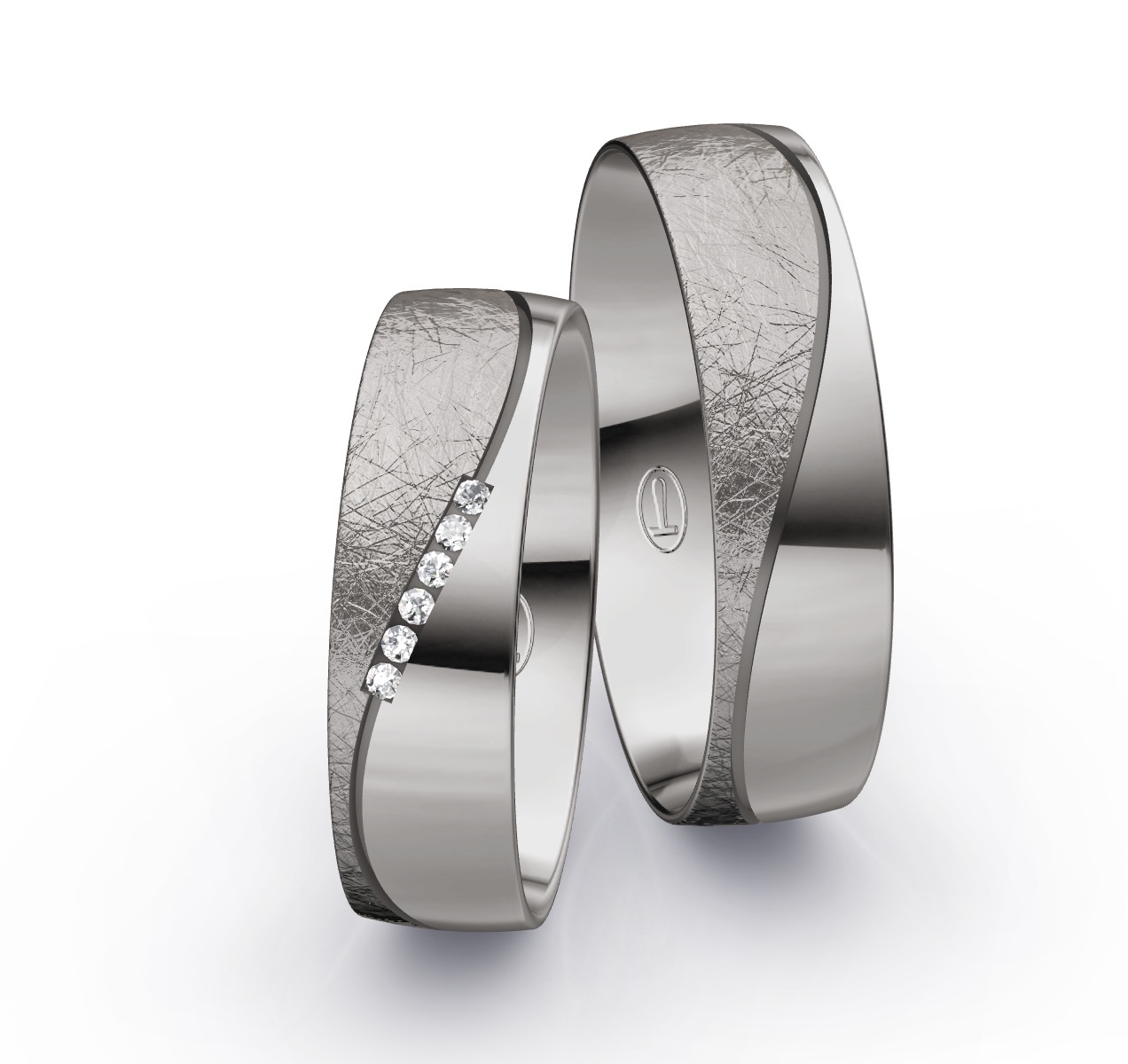 Eheringe aus Palladium 500 mit 6 Diamanten in Kanalfassung mit Polierung und Eismattierung