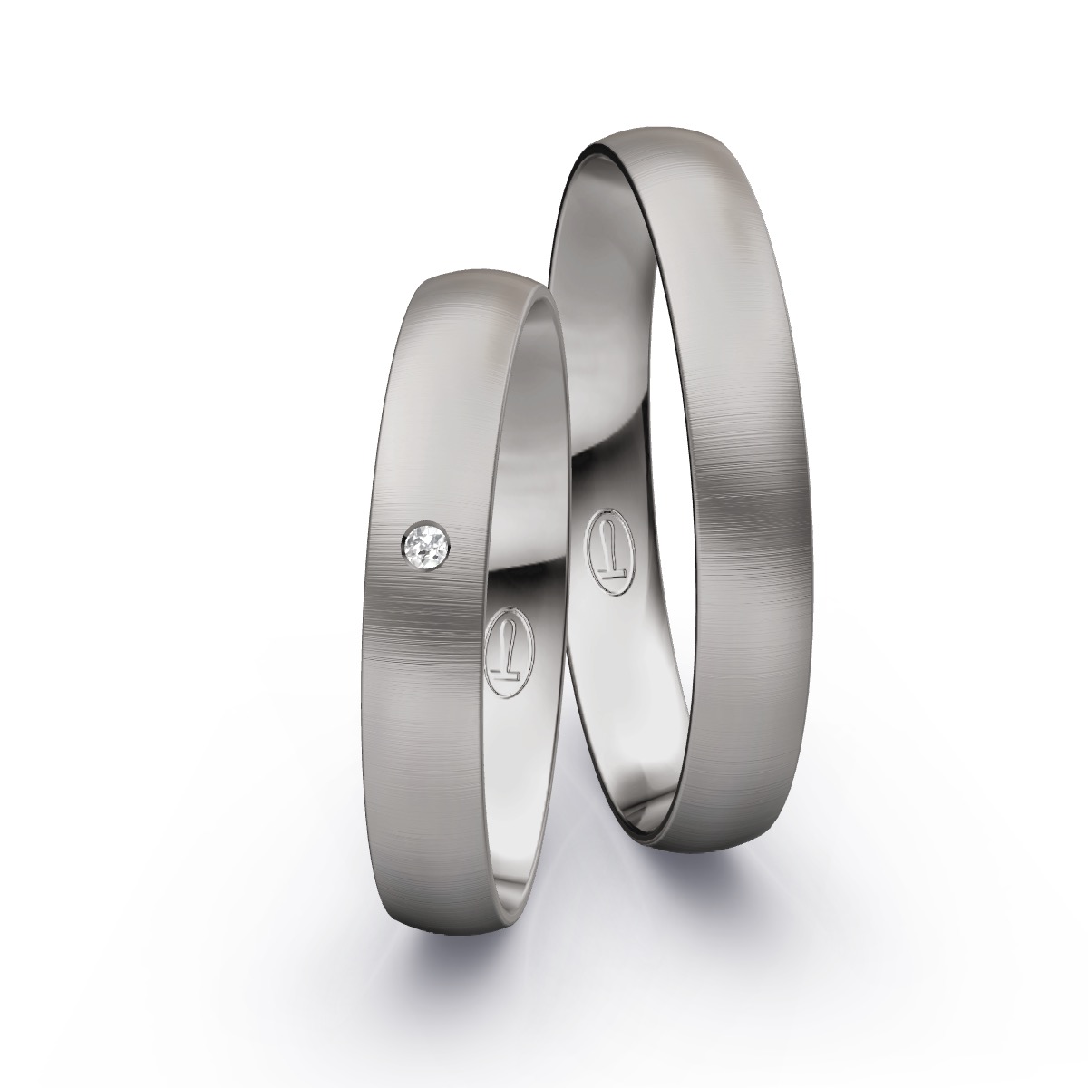 Schmal designte Eheringe aus Palladium 500 mit Quermattierung und Diamanten