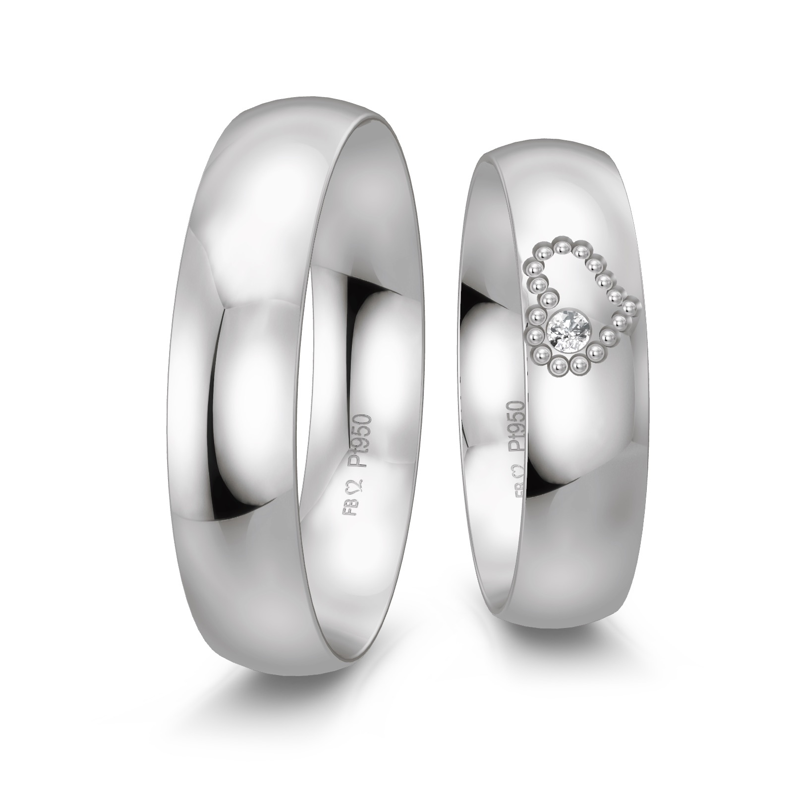 Eheringe aus poliertem Platin mit Diamanten und Herzmuster