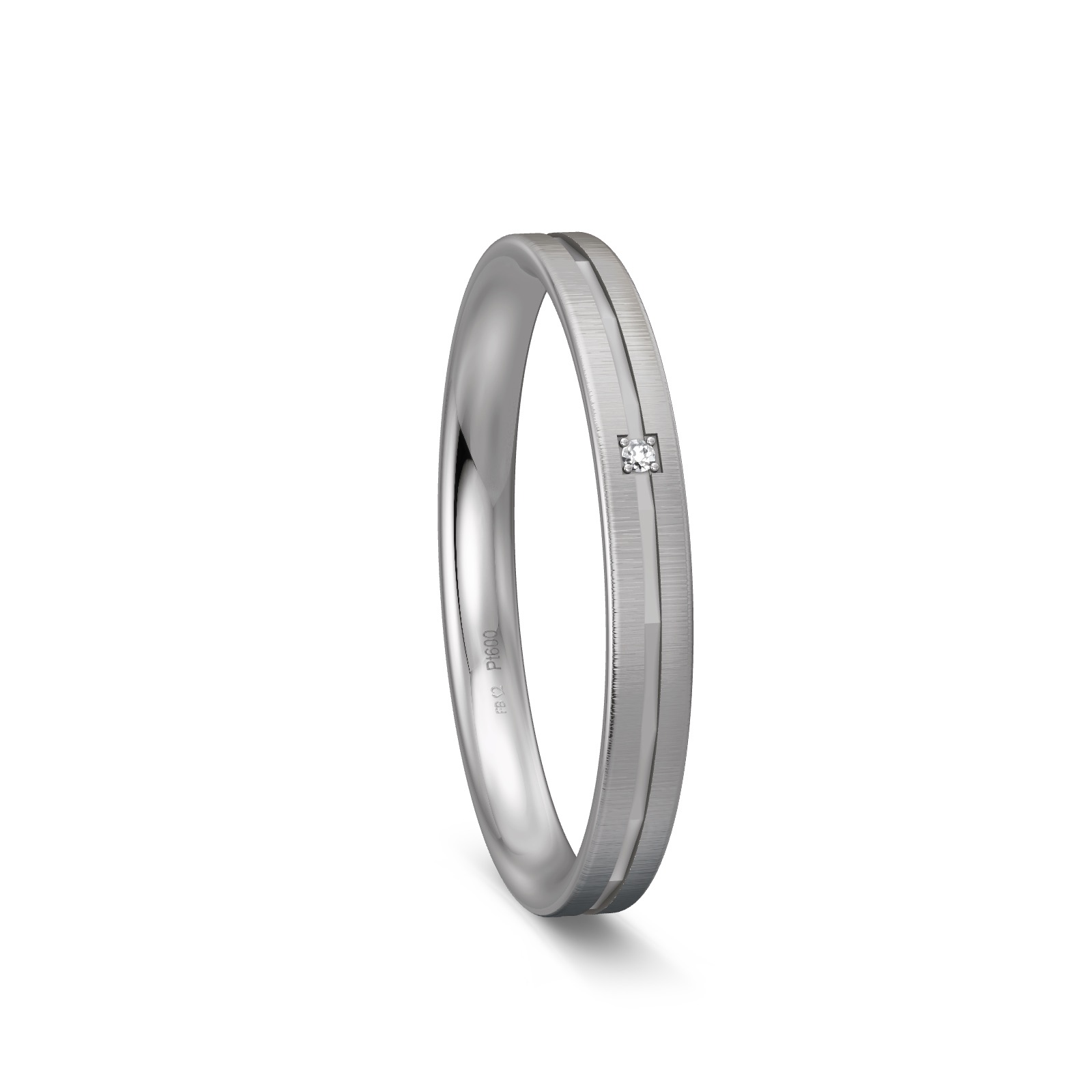 Ehering aus Platin mit Quermattierung und Diamanten in Rille