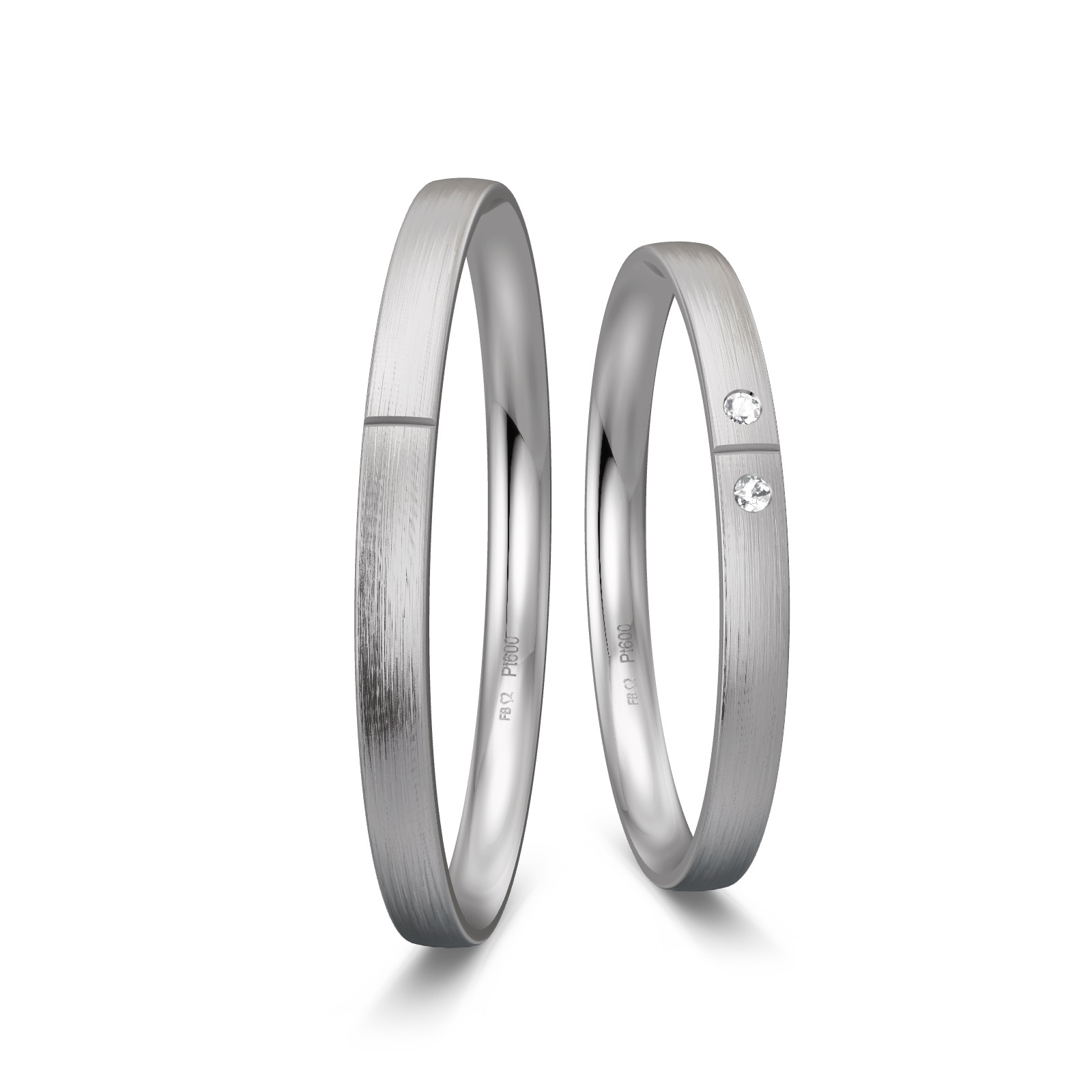 Platin Eheringe mit 2 Diamanten mit Querrille