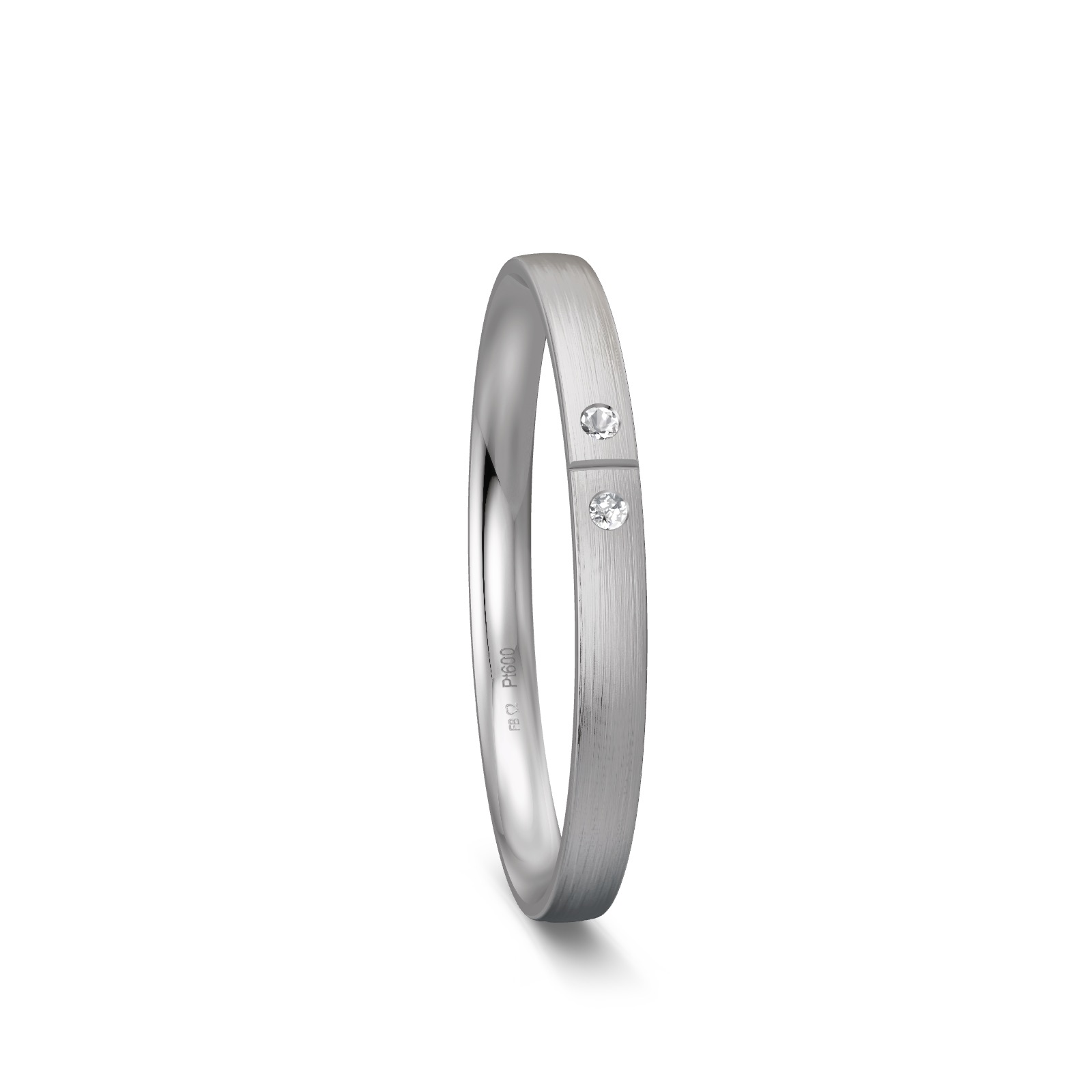 Schmale Platin Ehering mit 2 Diamanten mit Querrille