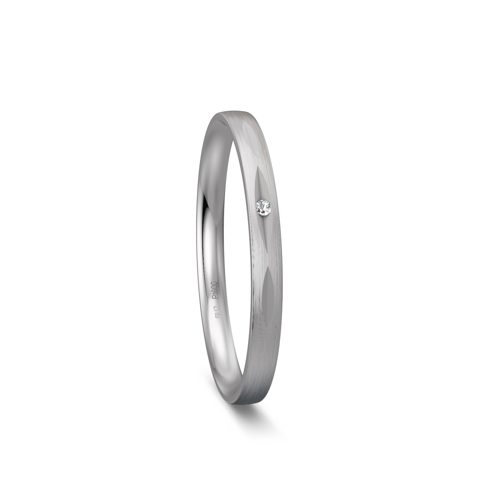 Ehering aus Platin mit Diamanten in Vertiefung und Längsmattierung
