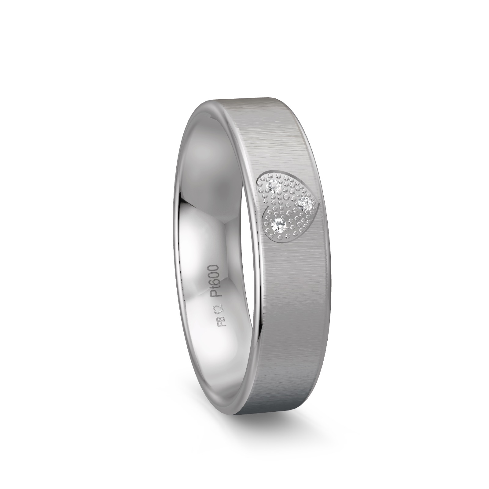 Ehering aus quermattem Platin mit 3 Diamanten im Herzen