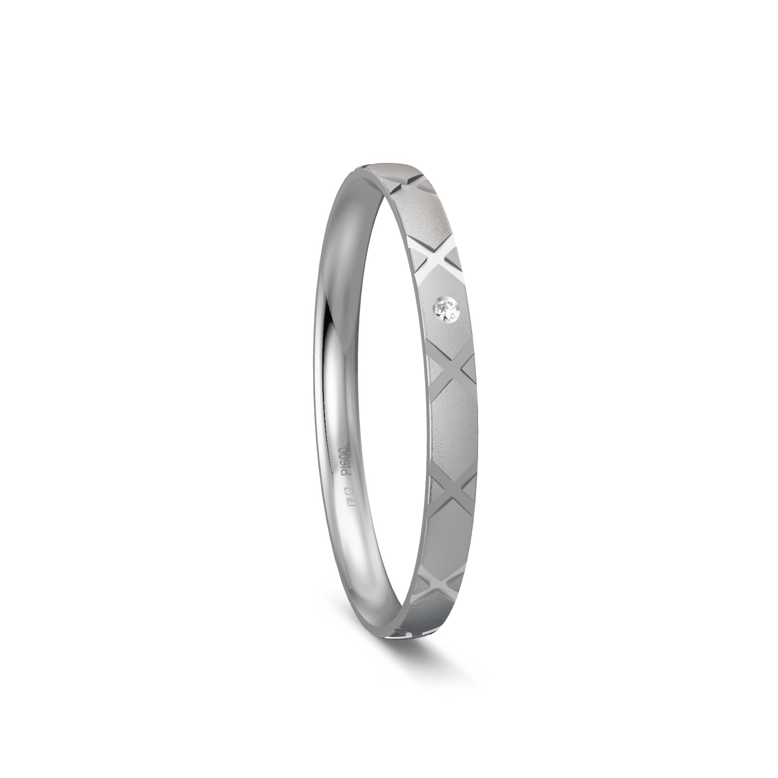 Sandmattierter Ehering aus Platin mit Muster und Diamanten