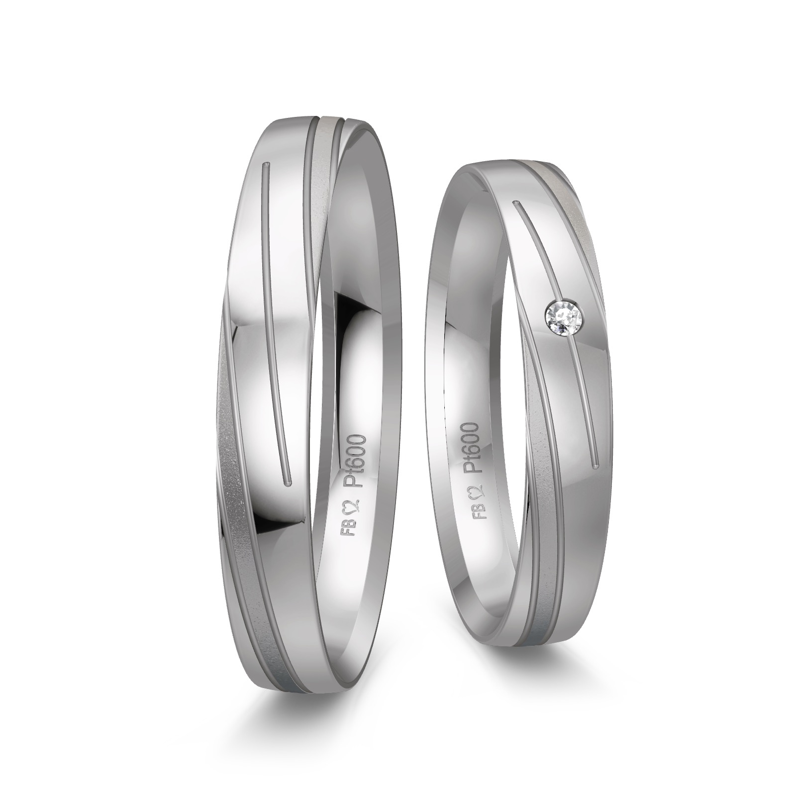 Polierte Platin Eheringe mit Diamant und spiralförmigen Rillen
