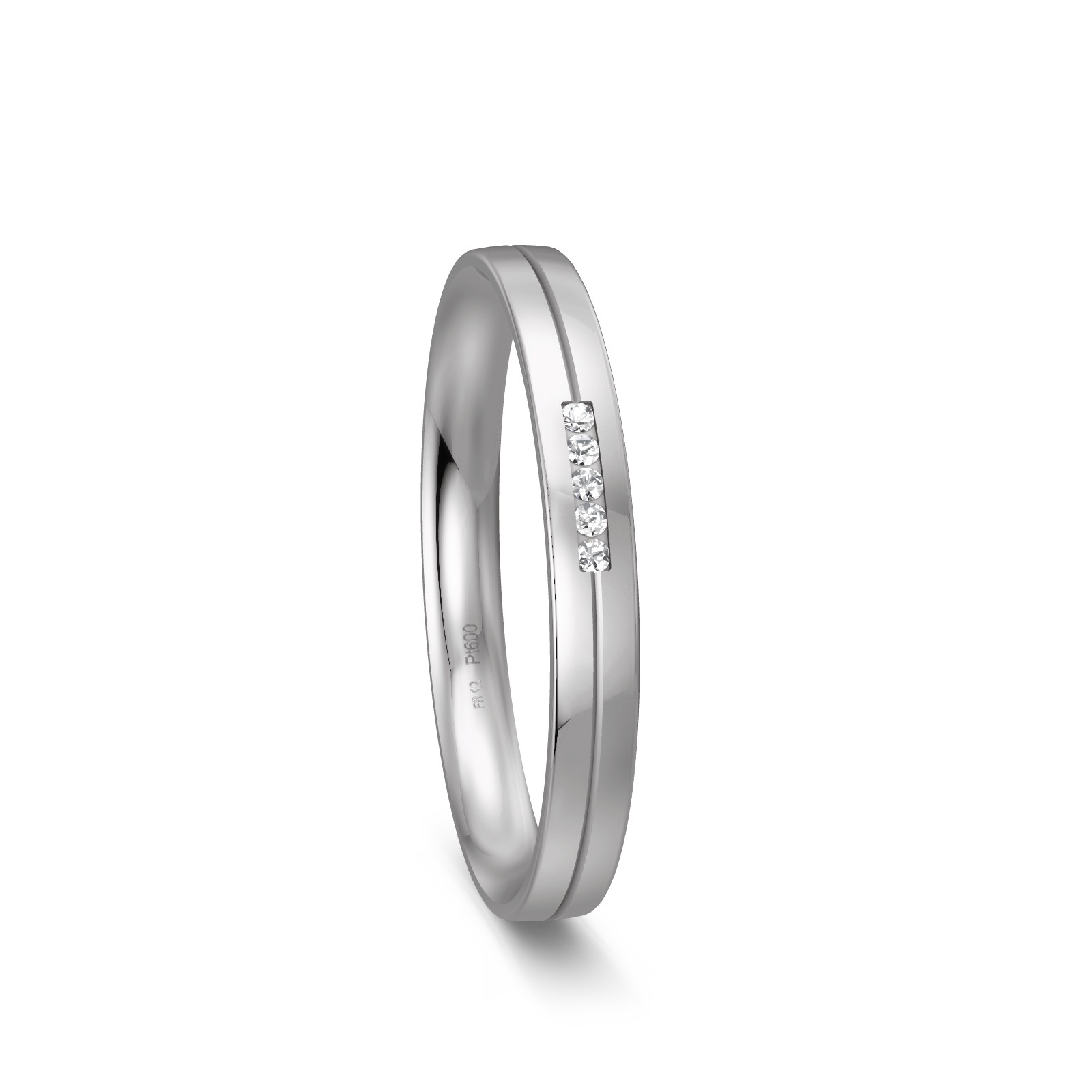 Polierter schmaler Platin Ehering mit Mittelrille und 5 Diamanten