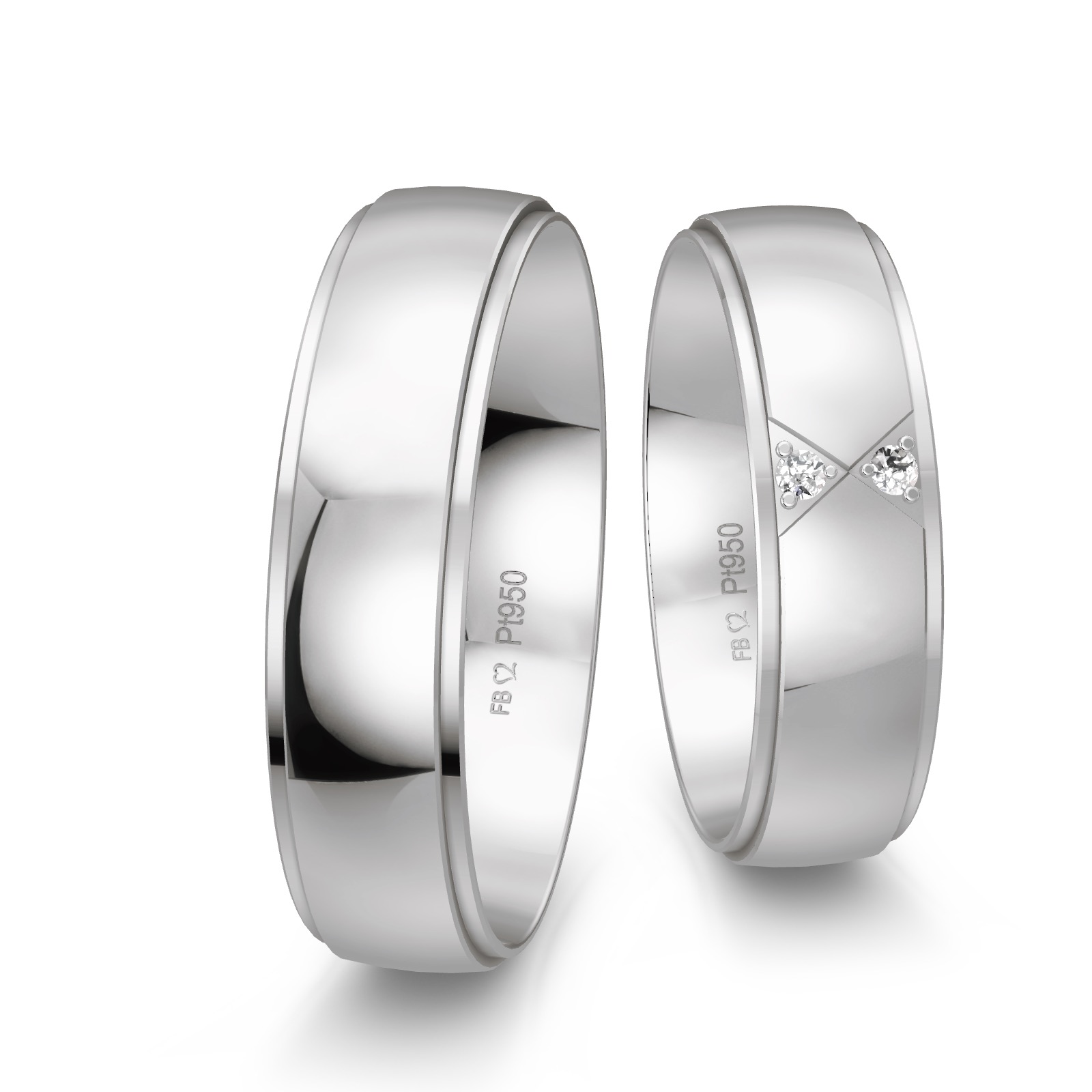Polierte Platin Trauringe mit Schmetterling Muster und 2 Diamanten