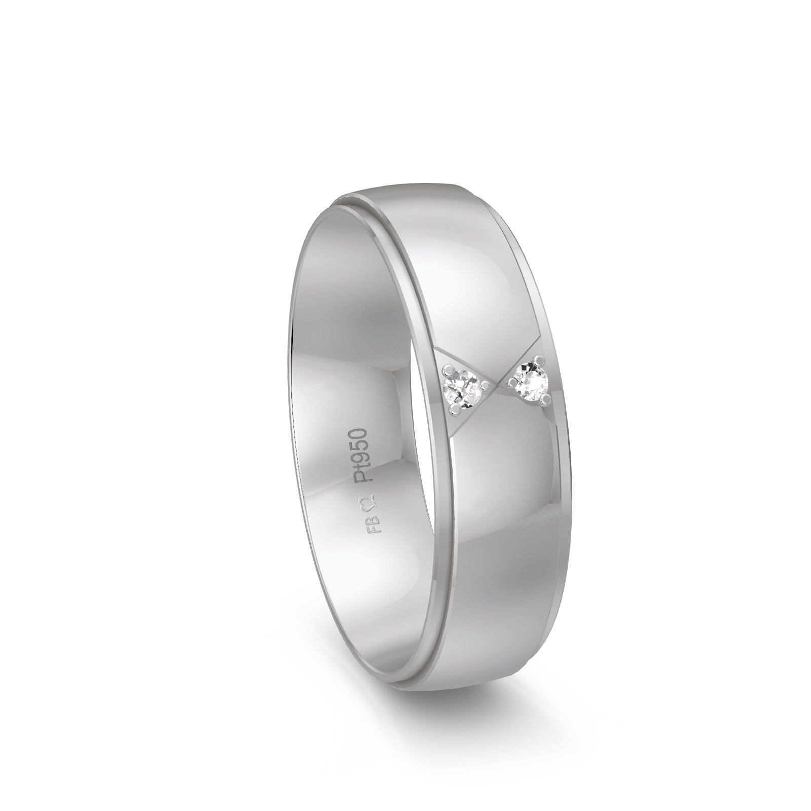 Polierte Platin Trauring mit Schmetterling Muster und 2 Diamanten