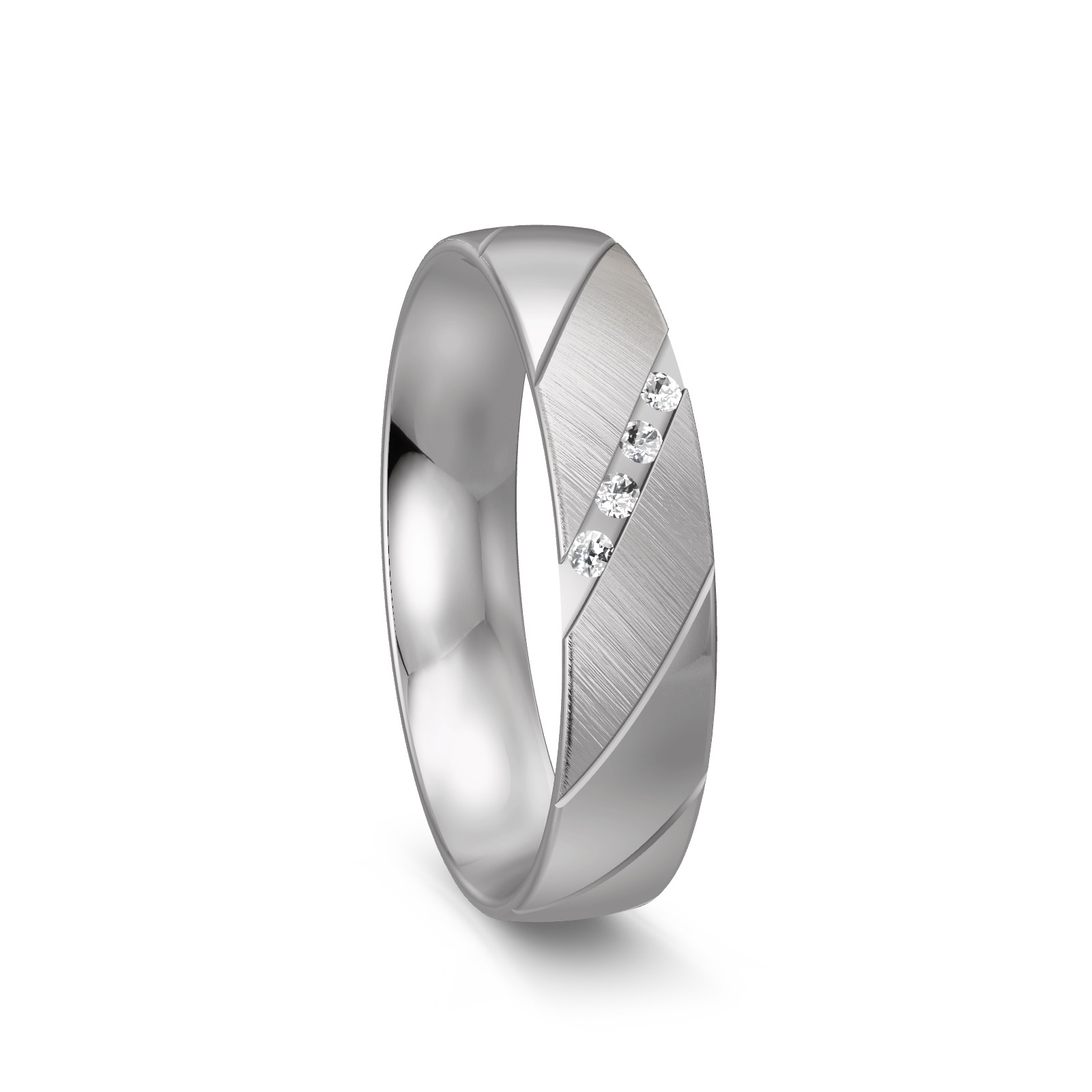 Ehering aus Platin mit polierten und matten Streifen und Diamanten