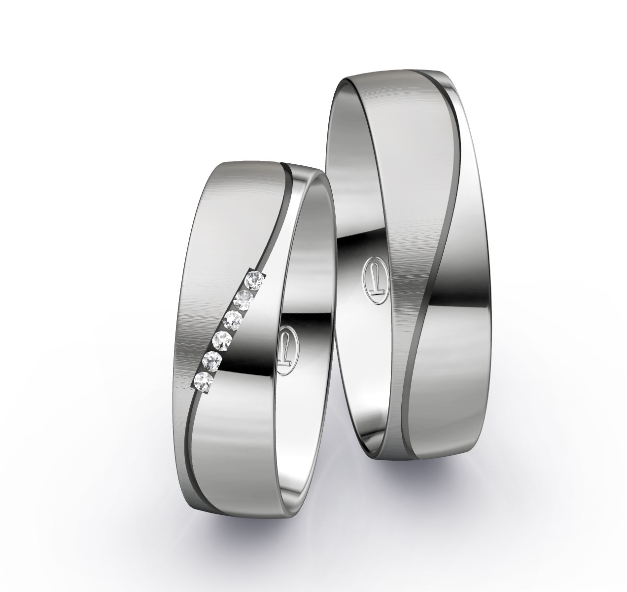 Polierte und quermattierte Eheringe aus Platin mit 6 Diamanten