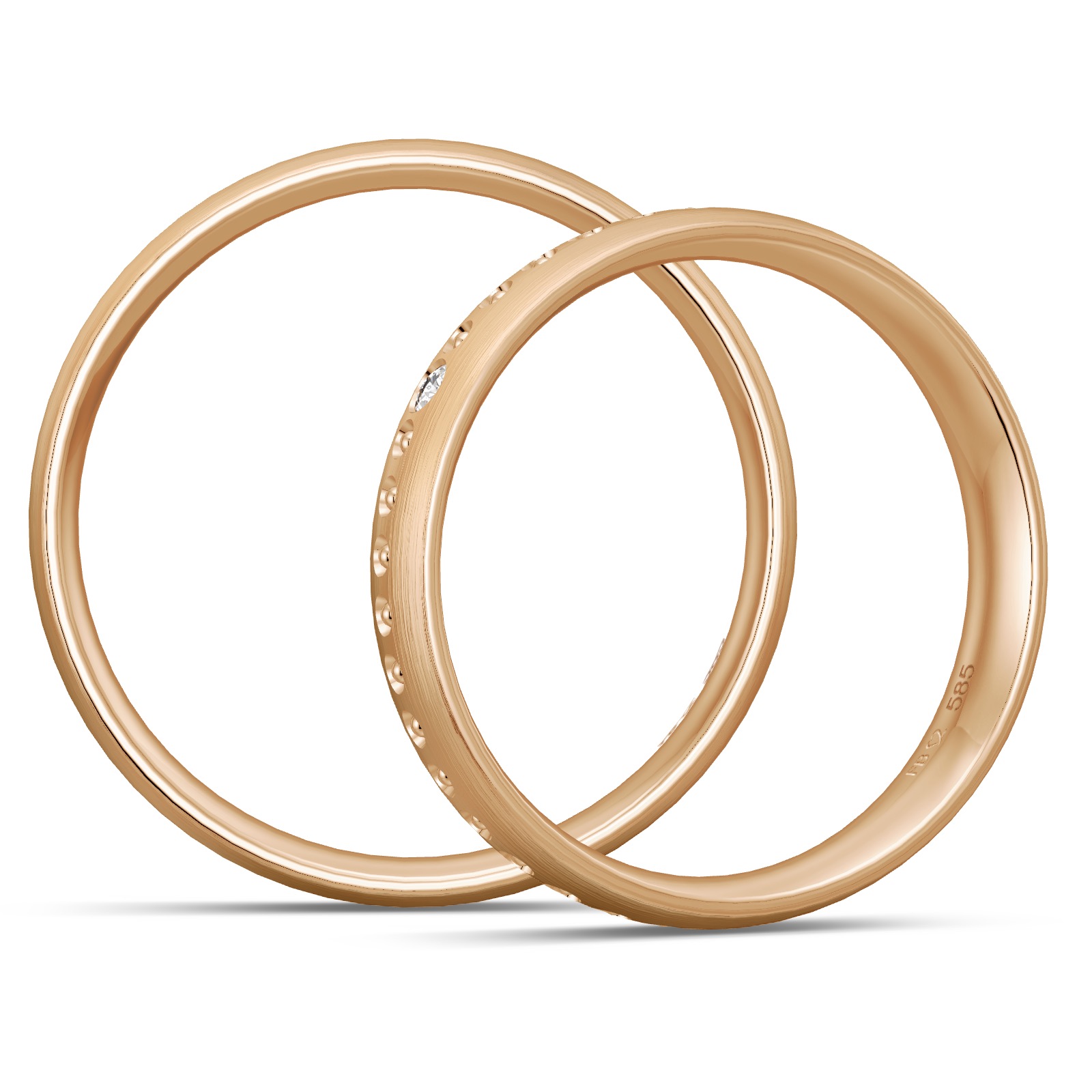 Längsmatte Eheringe aus Rosègold mit Diamanten und Millgriff Muster in Seitenansicht