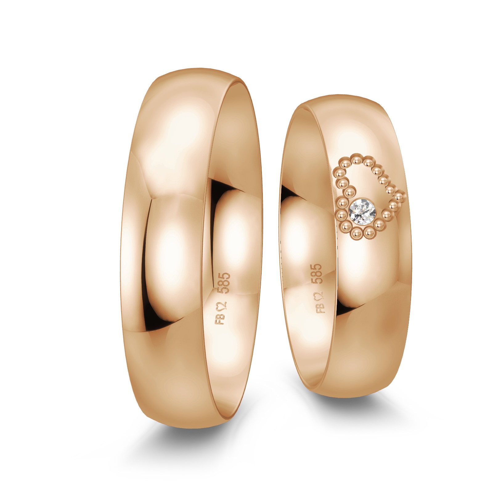 Polierte Eheringe aus Roségold mit Diamanten und Herzmuster