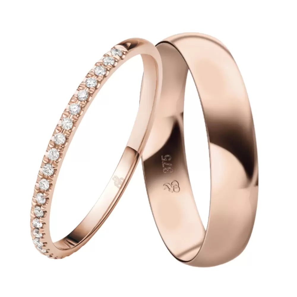 Roségold Eheinge mit breitem Herrenring und 25 Labor-Diamanten im Damenring