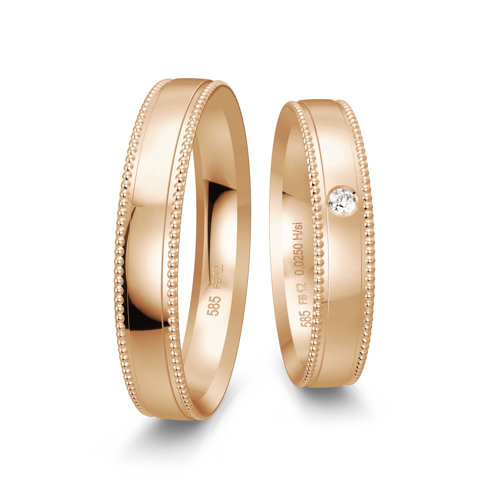 Polierte Eheringe aus Roségold mit Millgriff-Muster am Rand und Diamanten