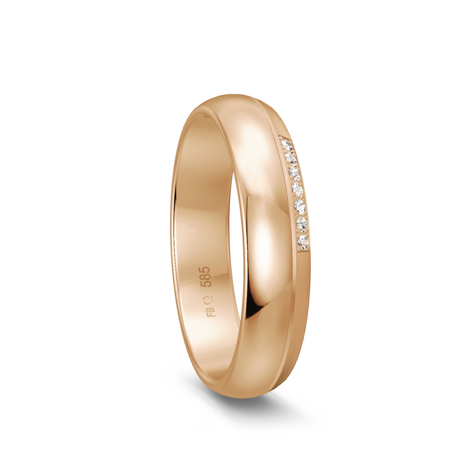 Gerundeter Trauring aus Roségold mit 7 Diamanten, Polierung und Mattierung