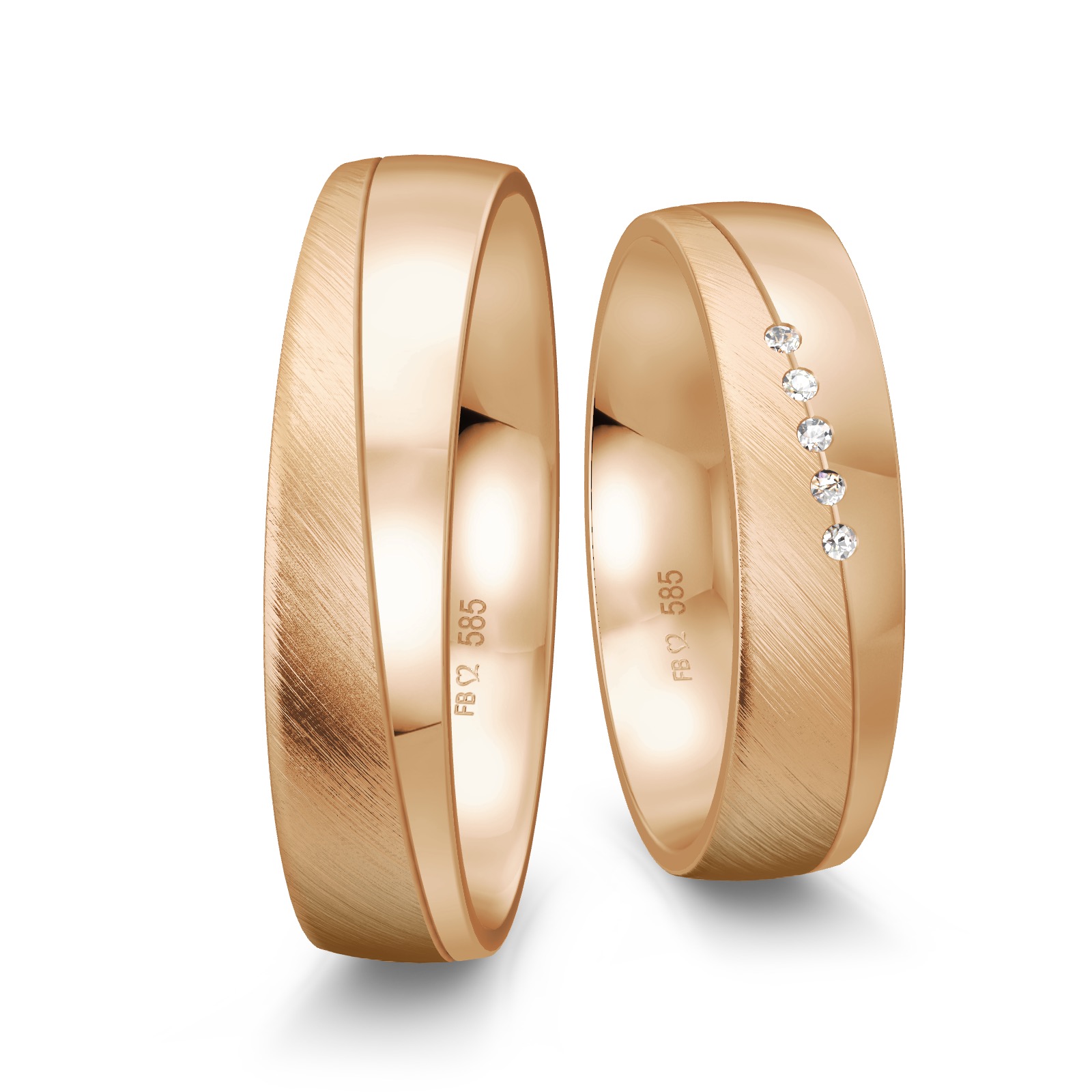 Trauringe aus Roségold mit 5 Diamanten Polierung und Mattierung