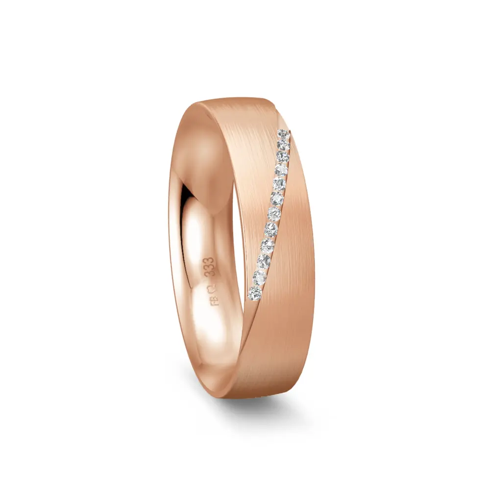 Längsmattierter mittelbreiter Rotgold Ehering mit 10 Diamanten in Rille