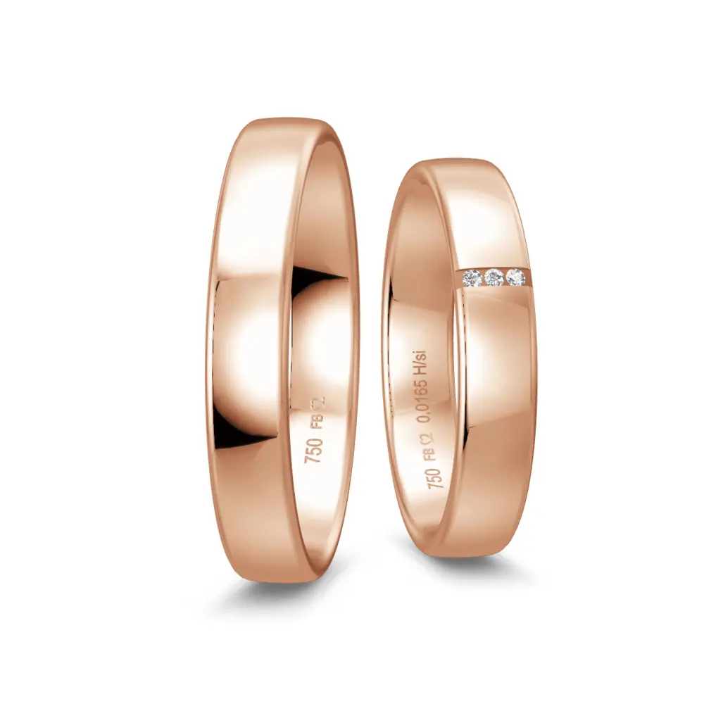 Polierte Rotgold Eheringe 4 mm breit mit 3 Diamanten in Rille